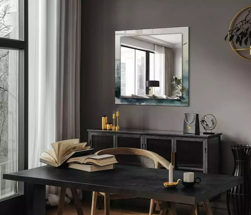 Rechthoekige spiegel met decoratie Bos in de mist