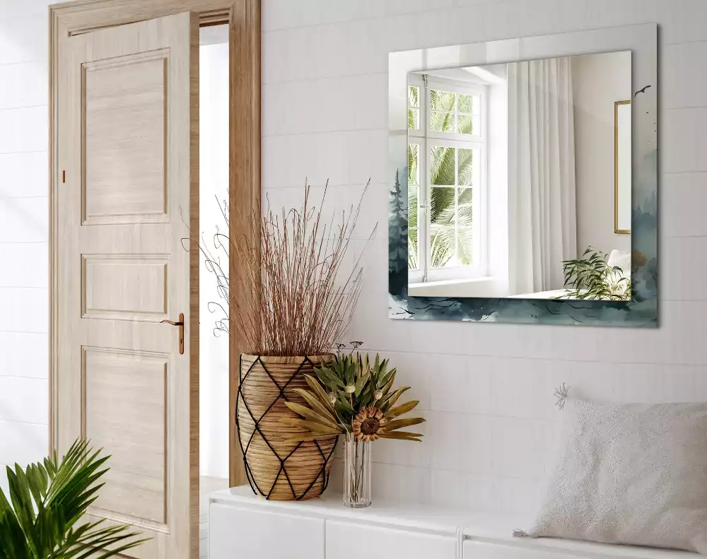 Rechthoekige spiegel met decoratie Bos in de mist