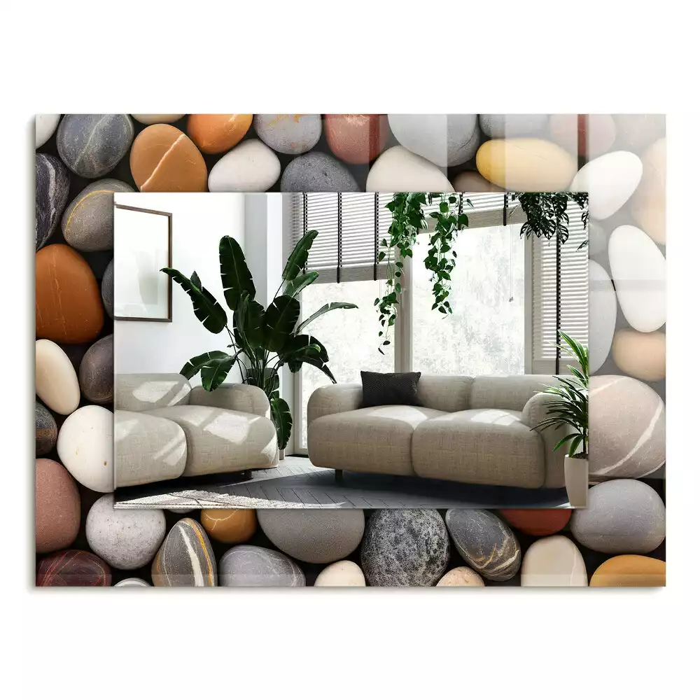 Rechthoekige spiegel lijst met print Gekleurde gladde stenen