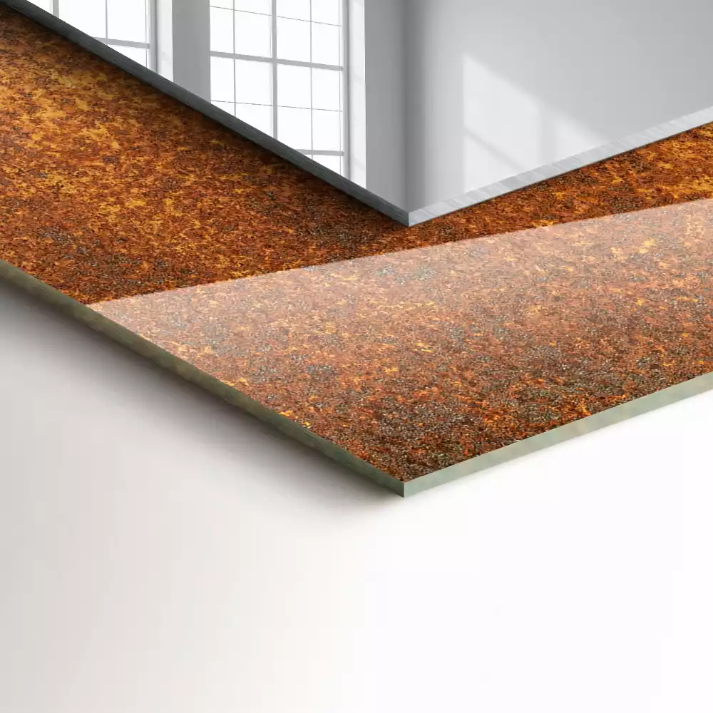 Rechthoekige spiegel lijst met print Modieus roestplaatwerk