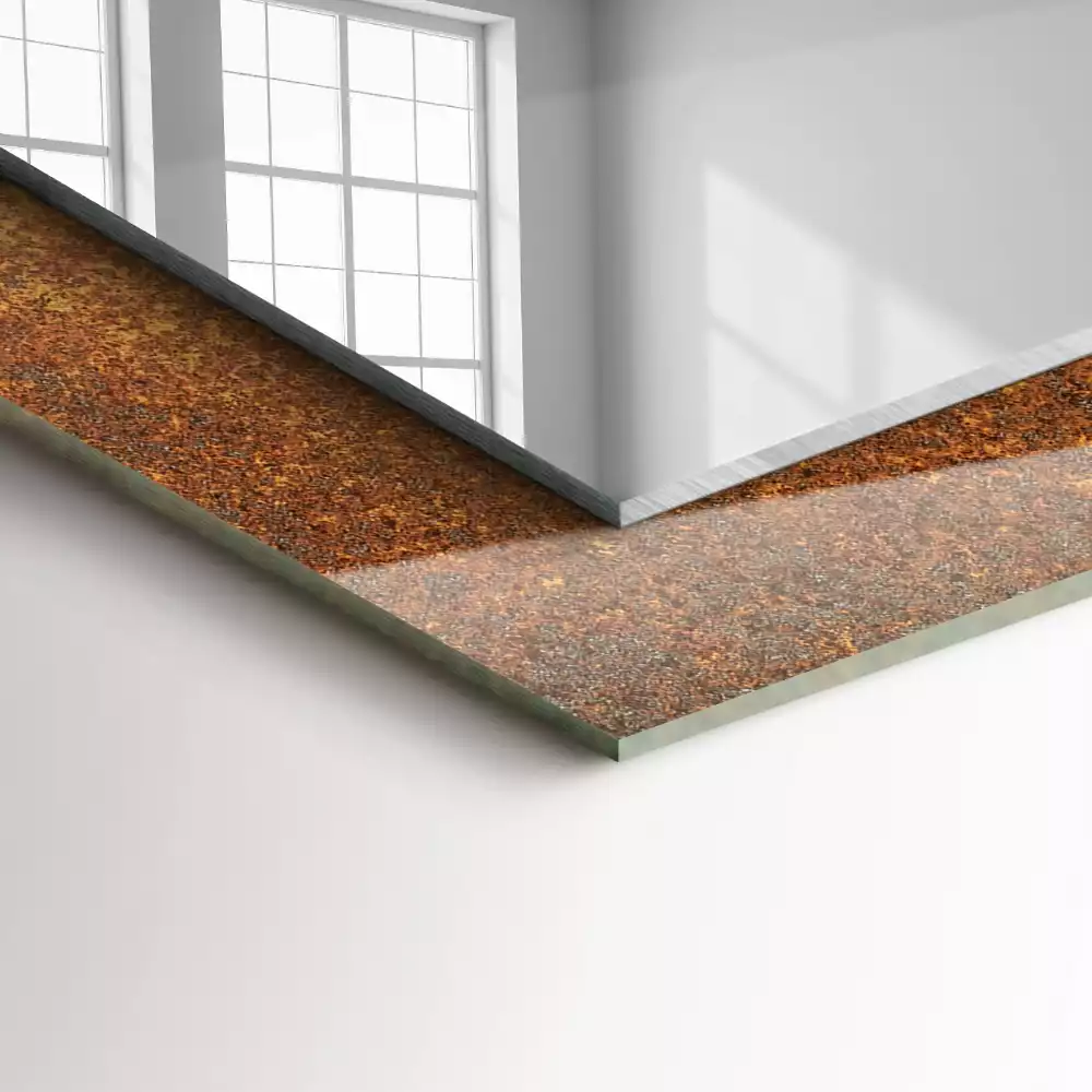 Rechthoekige spiegel lijst met print Modieus roestplaatwerk