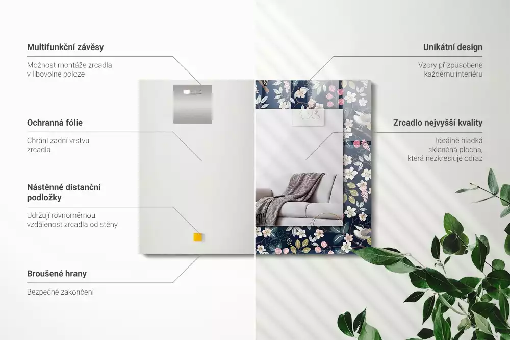 Rechthoekige spiegel met bedrukte lijst Bloemen bladeren vogels