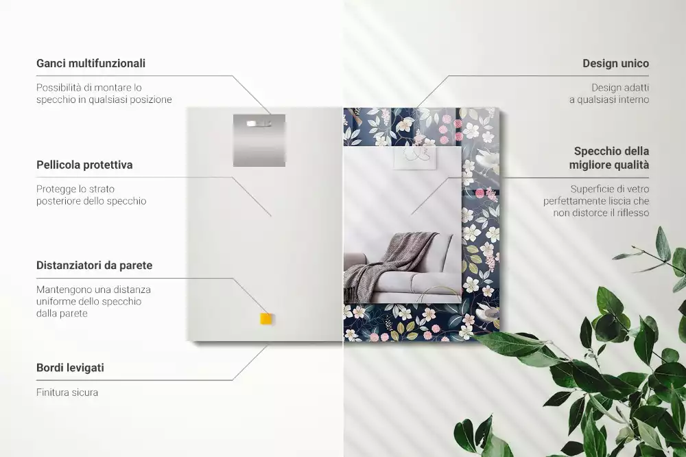 Rechthoekige spiegel met bedrukte lijst Bloemen bladeren vogels