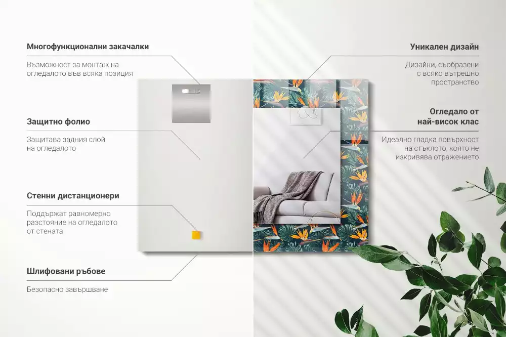 Rechthoekige spiegel met bedrukte lijst Bloemen en bladeren