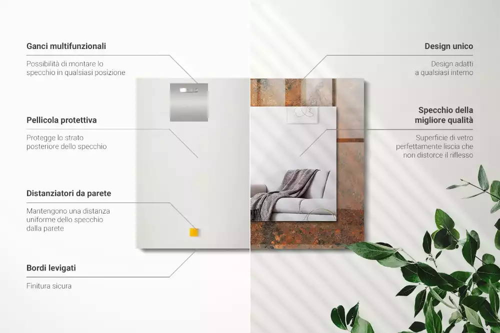 Rechthoekige spiegel met bedrukte lijst Roestig metaal