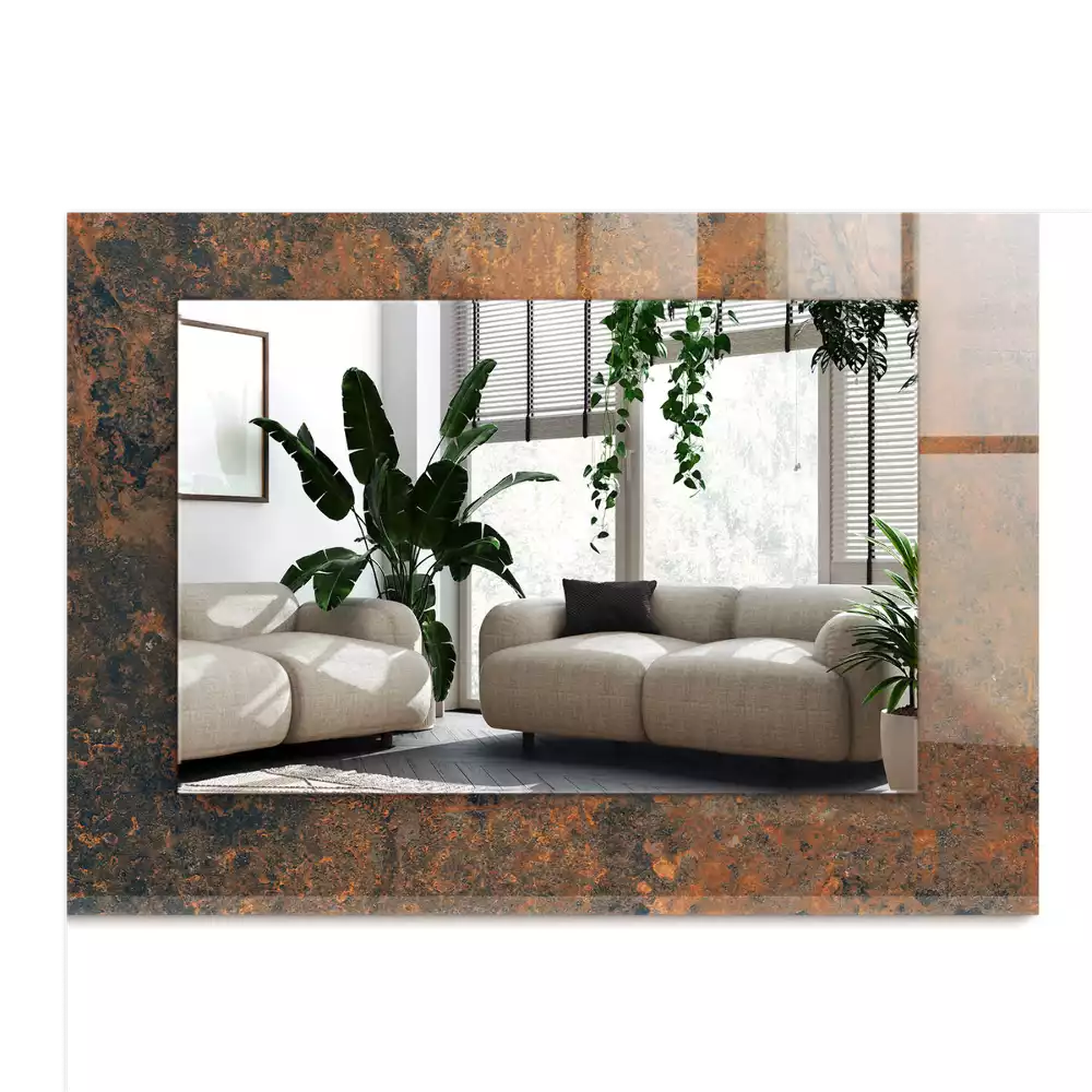 Rechthoekige spiegel met bedrukte lijst Roestig metaal