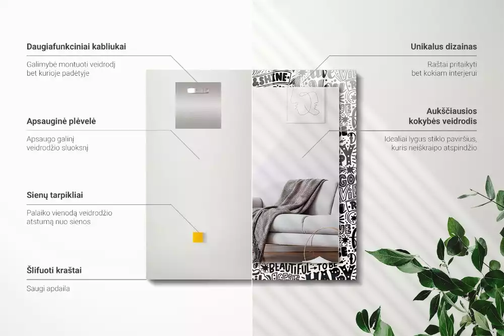 Rechthoekige spiegel met decoratie Motiverende handlettering