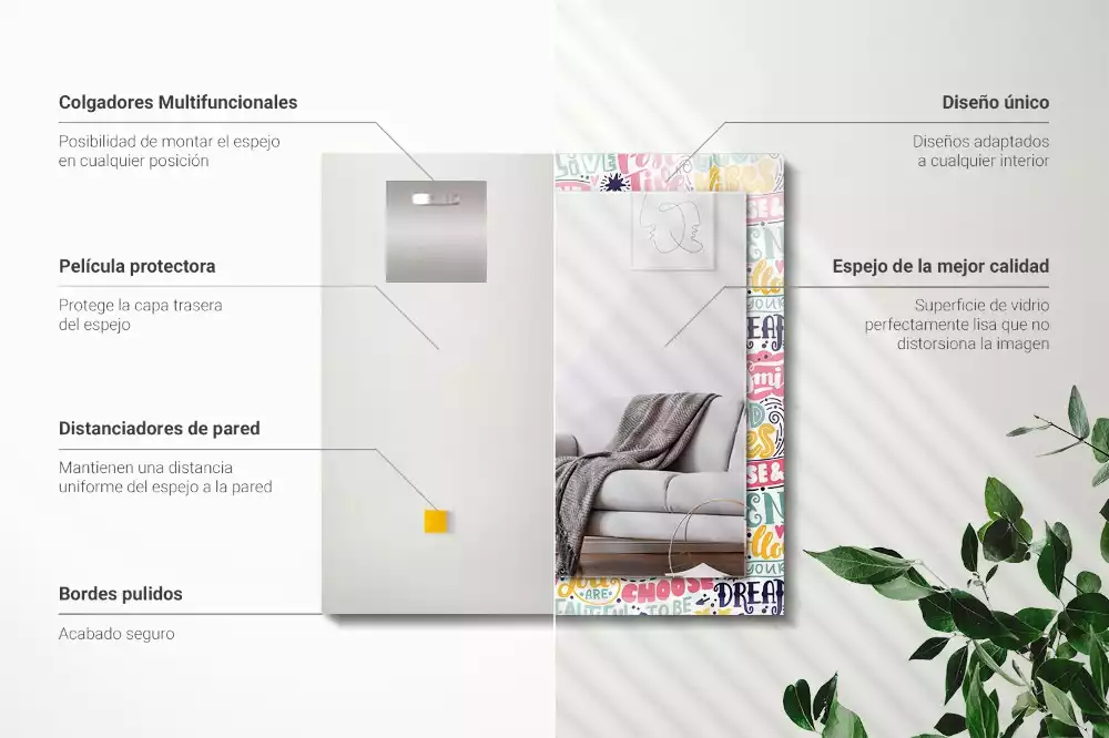 Rechthoekige spiegel lijst met print Kleurrijke motiverende inscripties