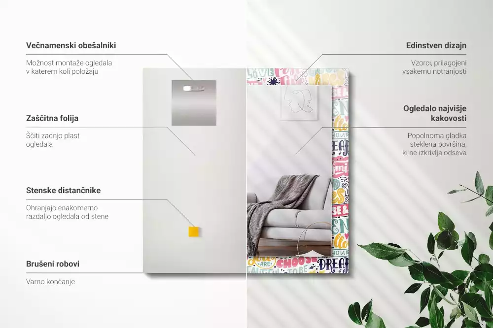Rechthoekige spiegel lijst met print Kleurrijke motiverende inscripties