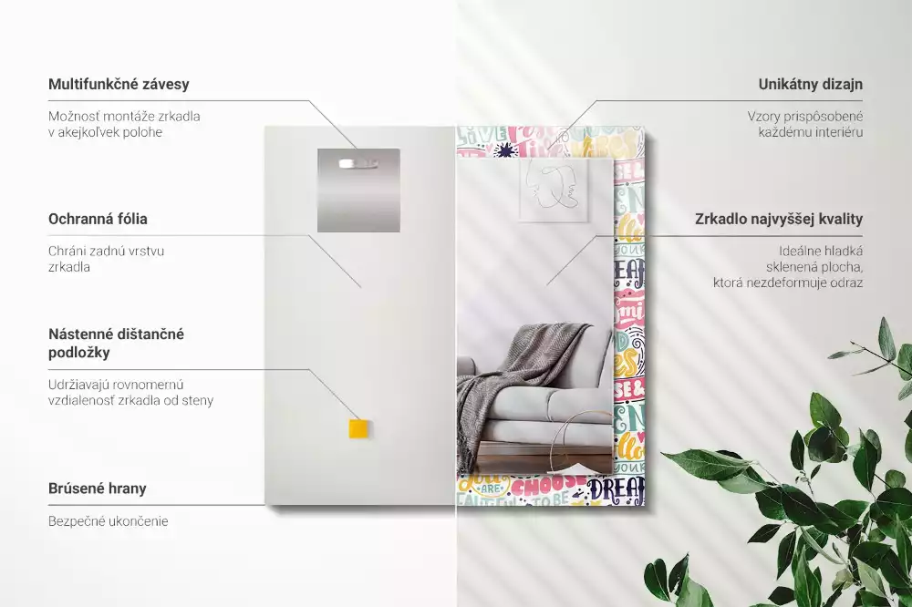 Rechthoekige spiegel lijst met print Kleurrijke motiverende inscripties