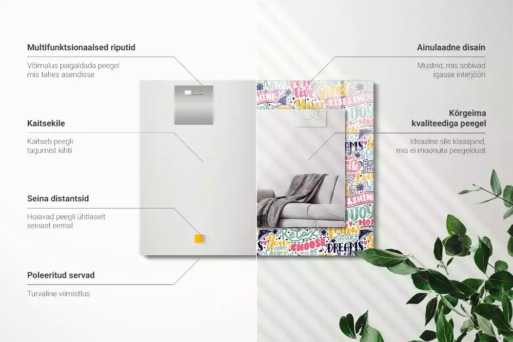 Rechthoekige spiegel lijst met print Kleurrijke motiverende inscripties