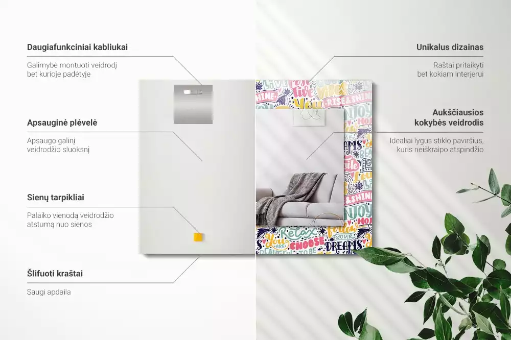 Rechthoekige spiegel lijst met print Kleurrijke motiverende inscripties