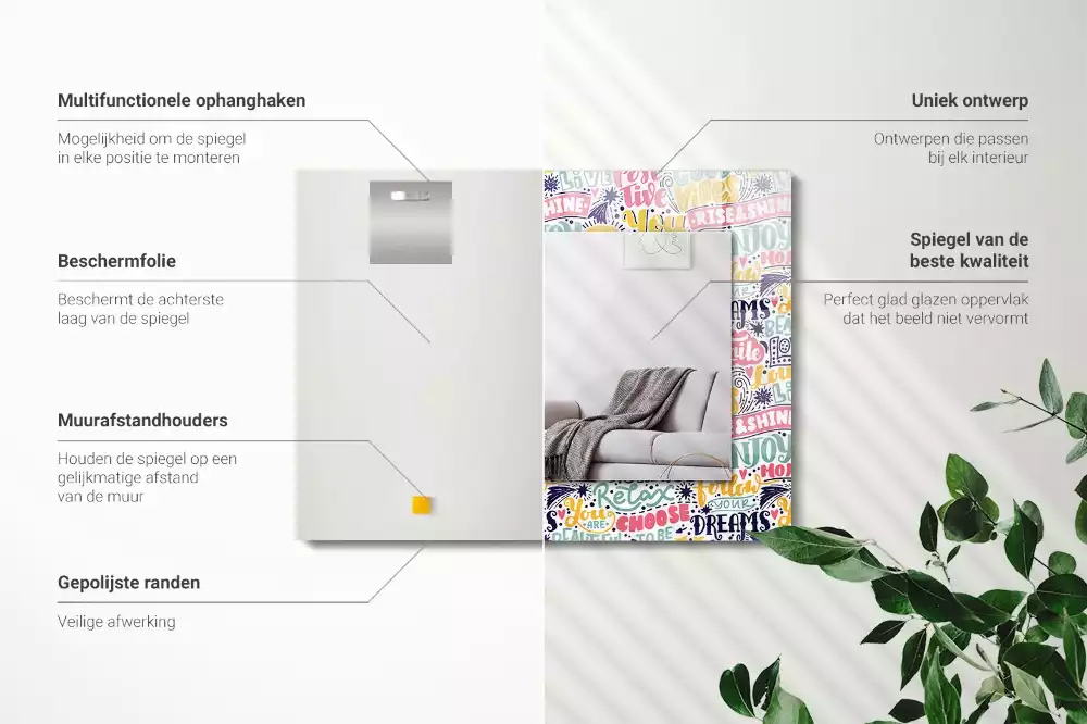 Rechthoekige spiegel lijst met print Kleurrijke motiverende inscripties