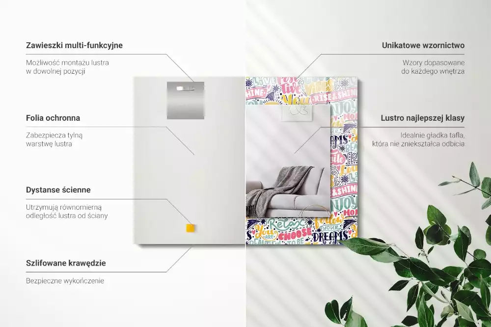 Rechthoekige spiegel lijst met print Kleurrijke motiverende inscripties