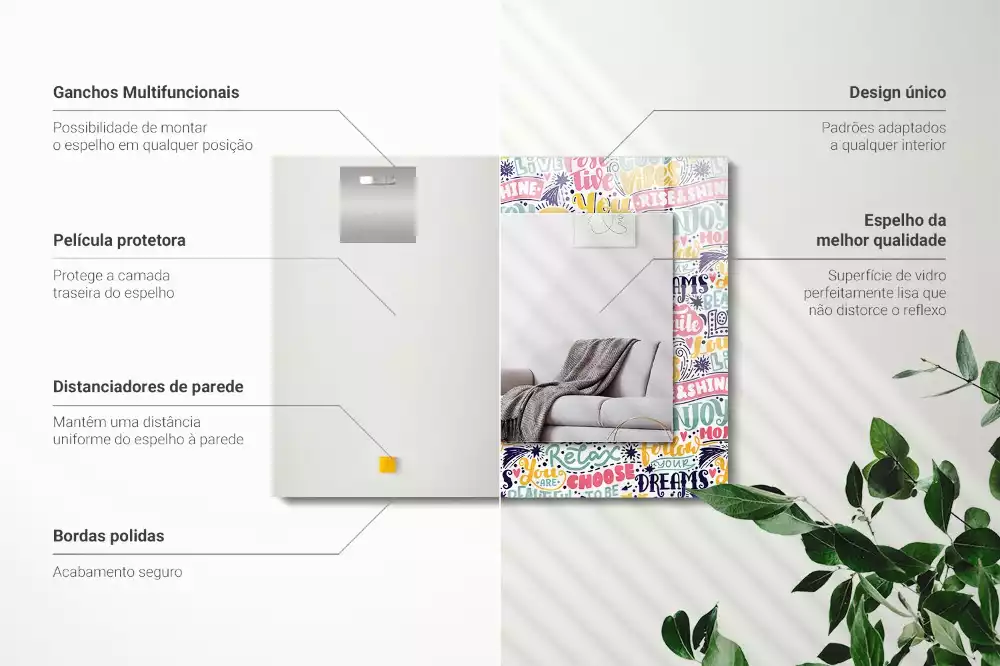 Rechthoekige spiegel lijst met print Kleurrijke motiverende inscripties