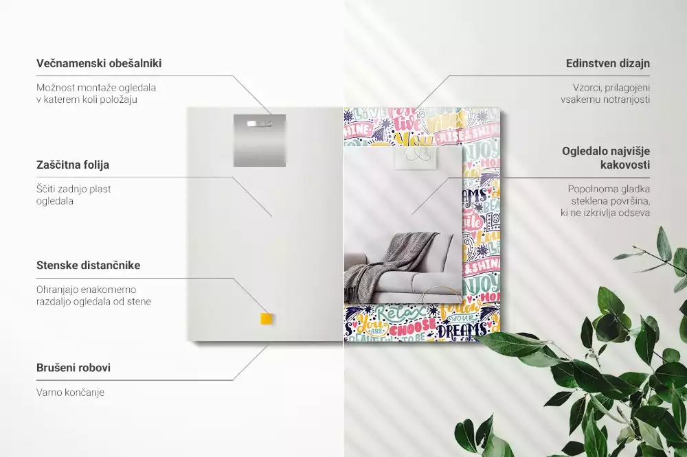 Rechthoekige spiegel lijst met print Kleurrijke motiverende inscripties