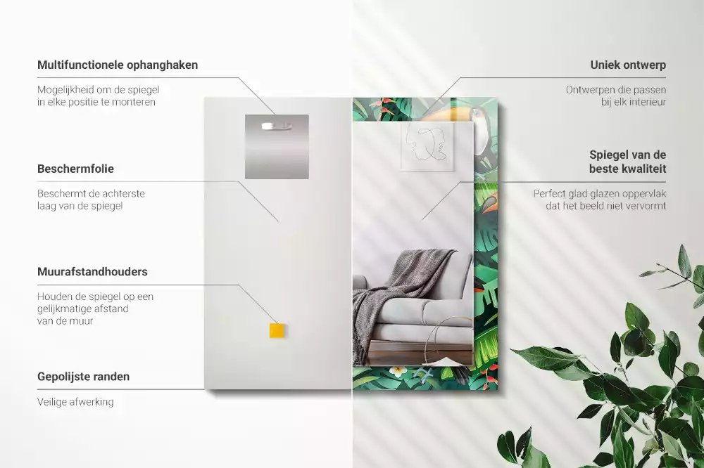 Rechthoekige spiegel lijst met print Toekans verlaten de jungle