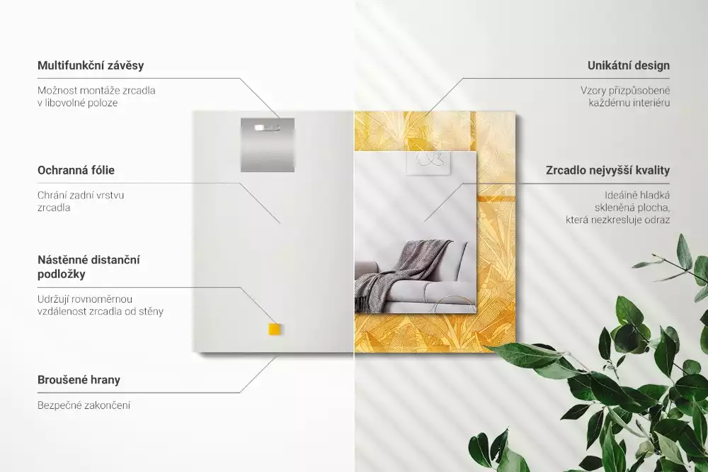 Bedrukte rechthoekige spiegel Bladerenpatroon oranje