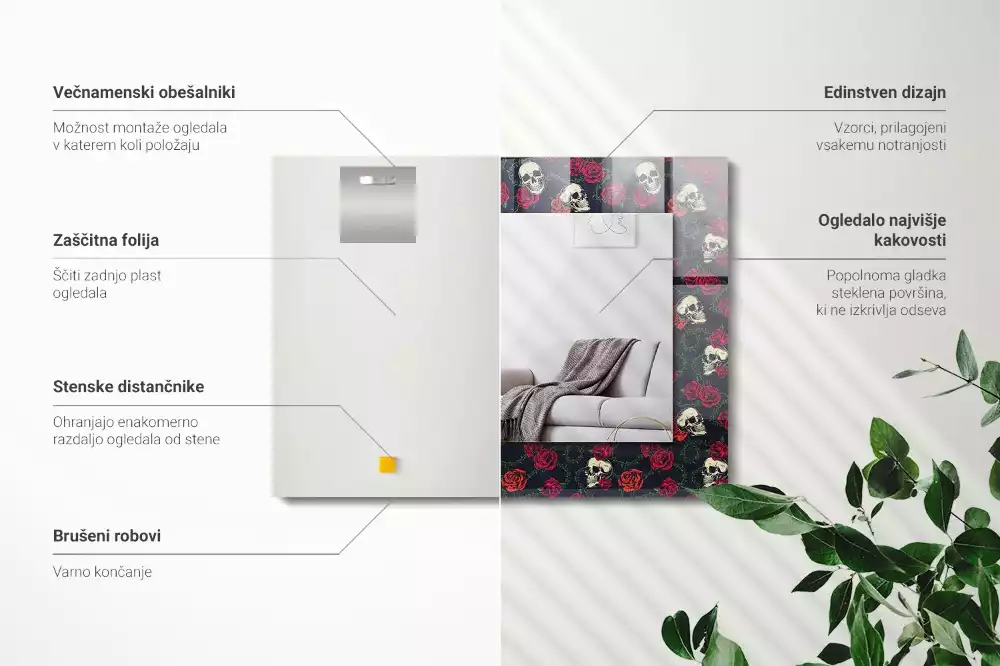 Rechthoekige spiegel met bedrukte lijst Schedels rozen doornen