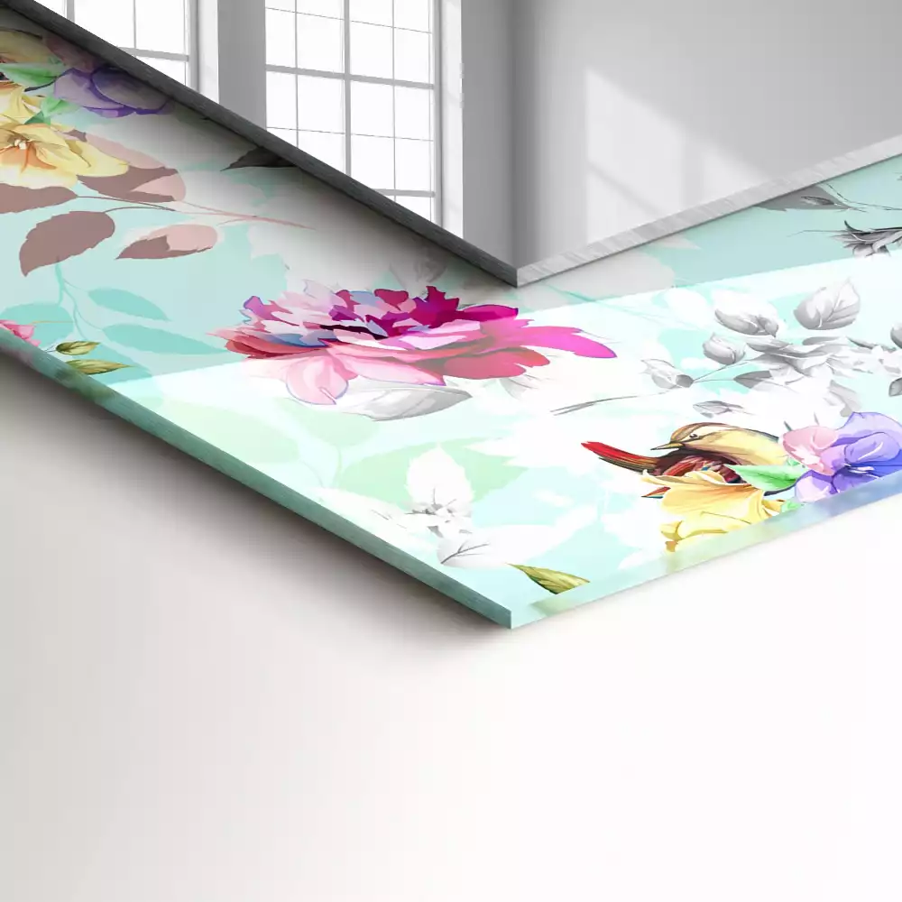 Rechthoekige spiegel met bedrukte lijst Bloemen en vogels