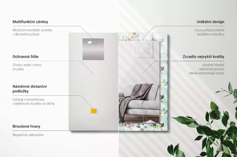 Rechthoekige spiegel met bedrukte lijst Bloemen en vogels