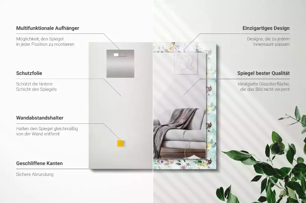 Rechthoekige spiegel met bedrukte lijst Bloemen en vogels