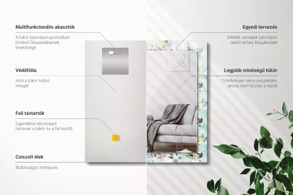 Rechthoekige spiegel met bedrukte lijst Bloemen en vogels