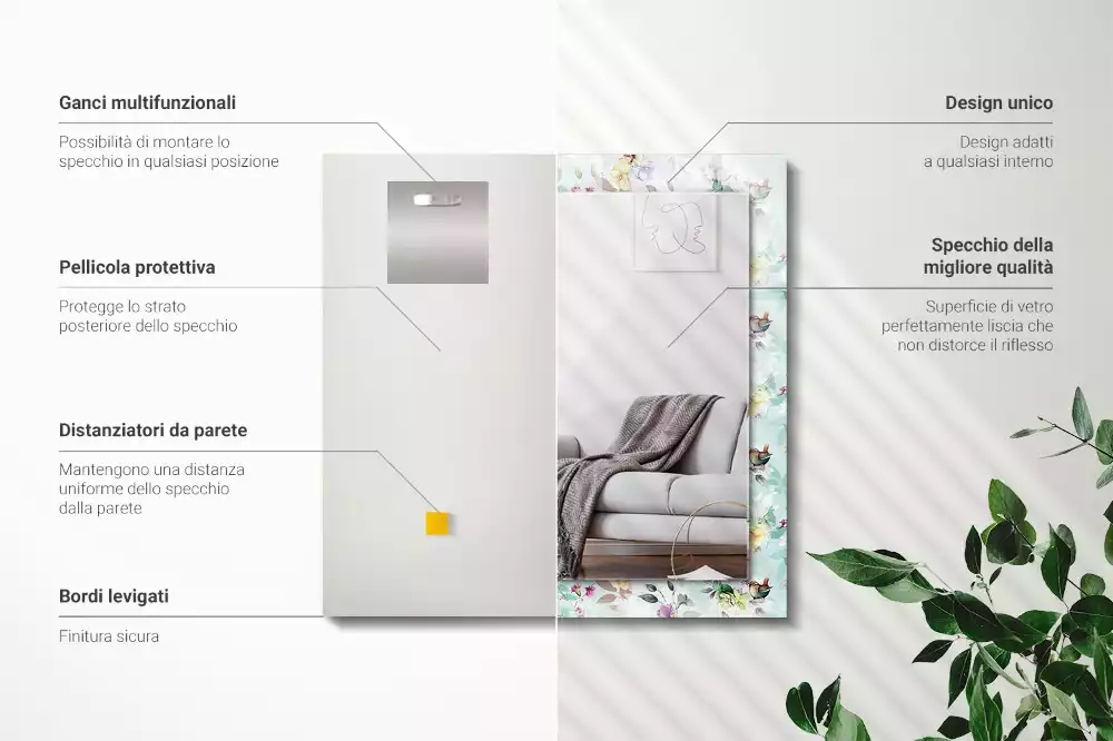 Rechthoekige spiegel met bedrukte lijst Bloemen en vogels