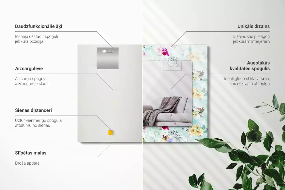 Rechthoekige spiegel met bedrukte lijst Bloemen en vogels