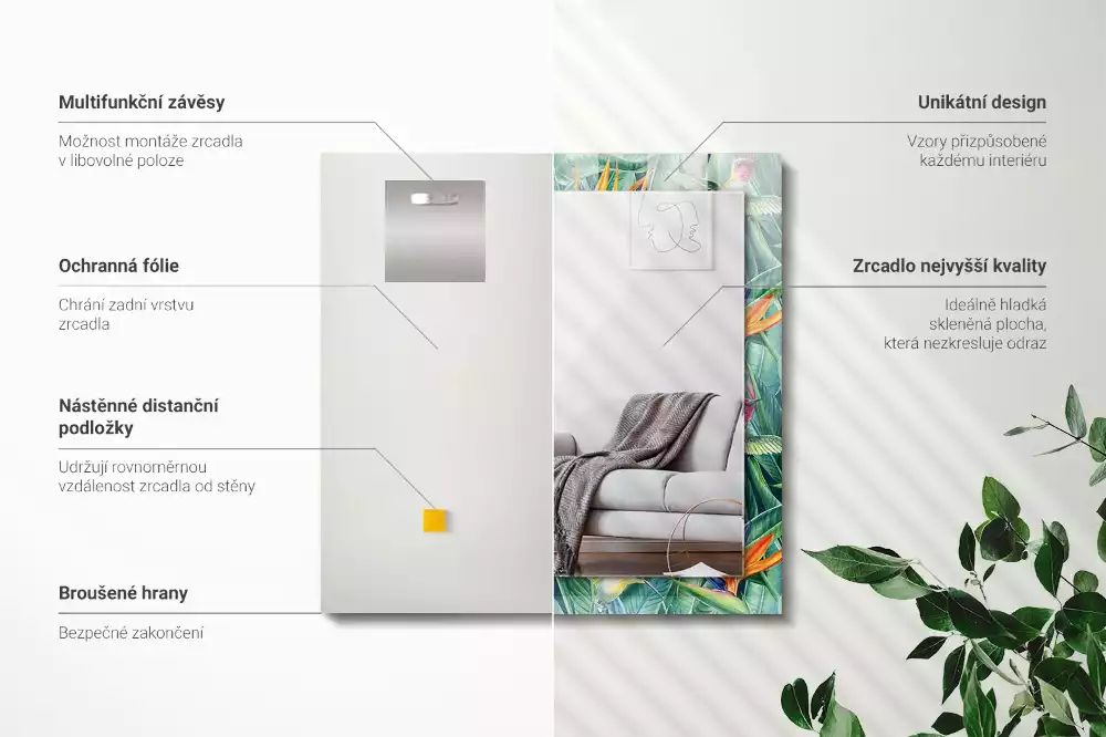 Rechthoekige spiegel met bedrukte lijst Kolibries en bloemen