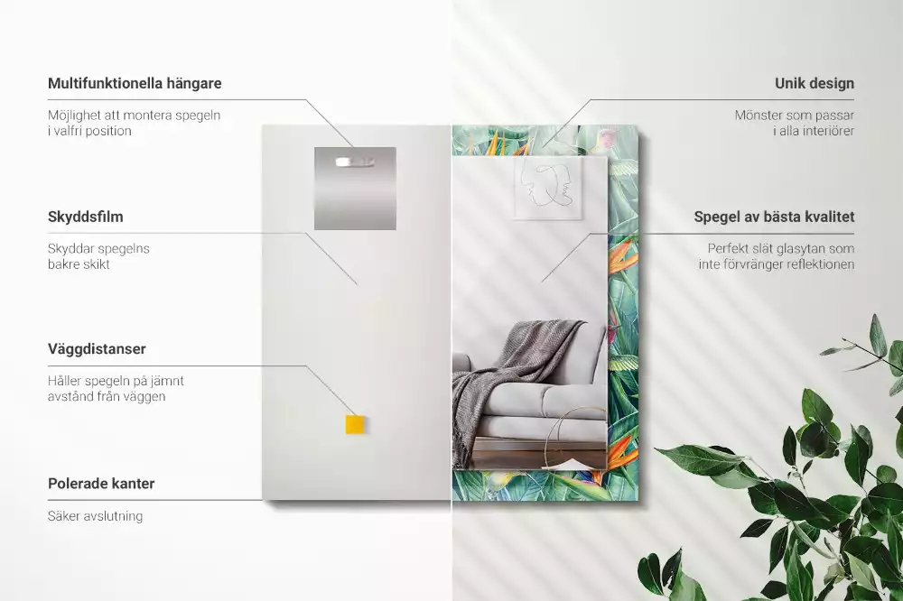 Rechthoekige spiegel met bedrukte lijst Kolibries en bloemen