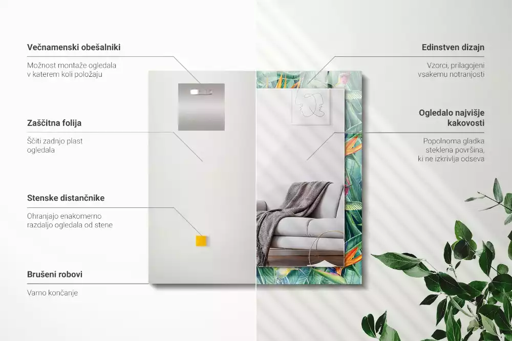 Rechthoekige spiegel met bedrukte lijst Kolibries en bloemen