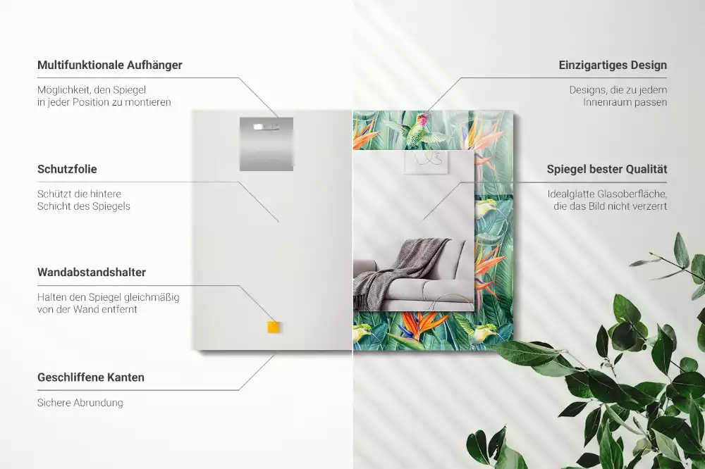 Rechthoekige spiegel met bedrukte lijst Kolibries en bloemen