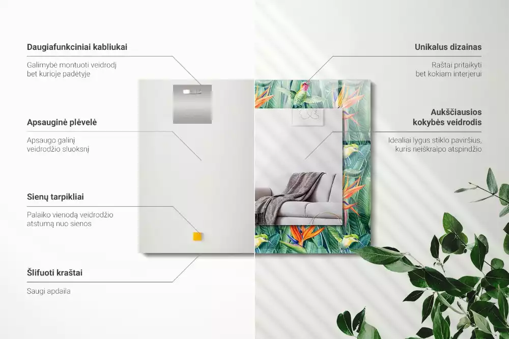 Rechthoekige spiegel met bedrukte lijst Kolibries en bloemen