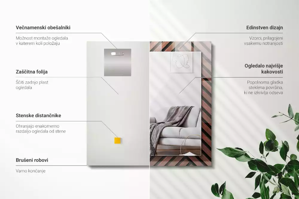 Rechthoekige spiegel met bedrukte lijst Houten diagonale stroken