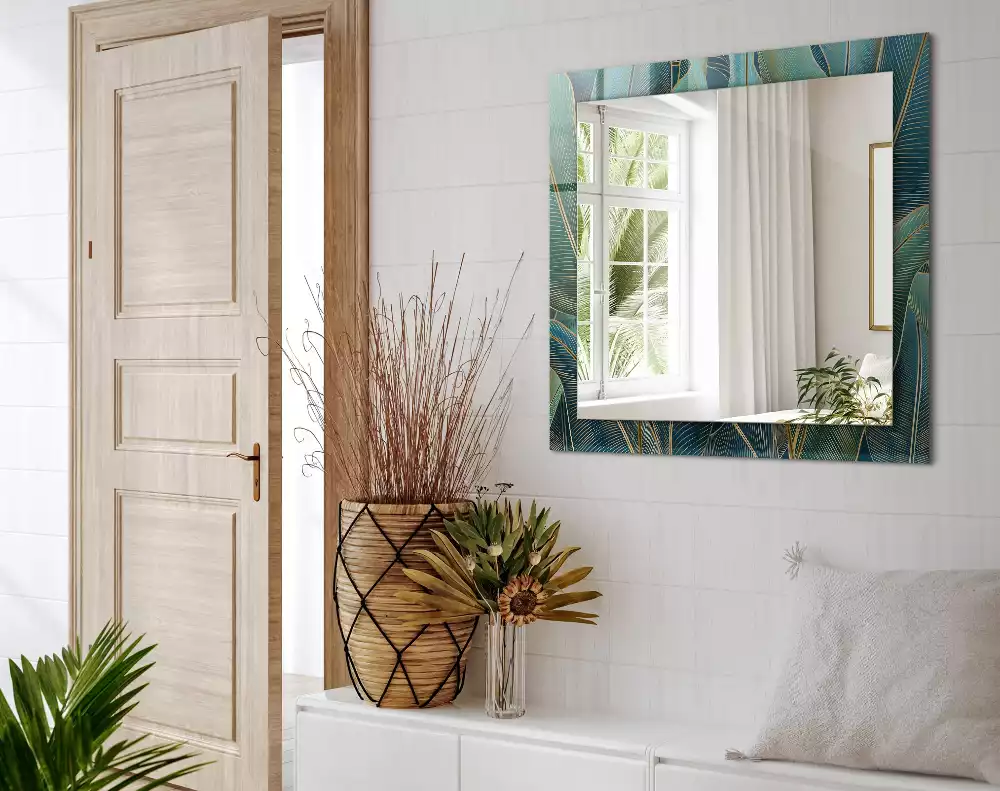 Rechthoekige spiegel lijst met print Bladeren lijnen