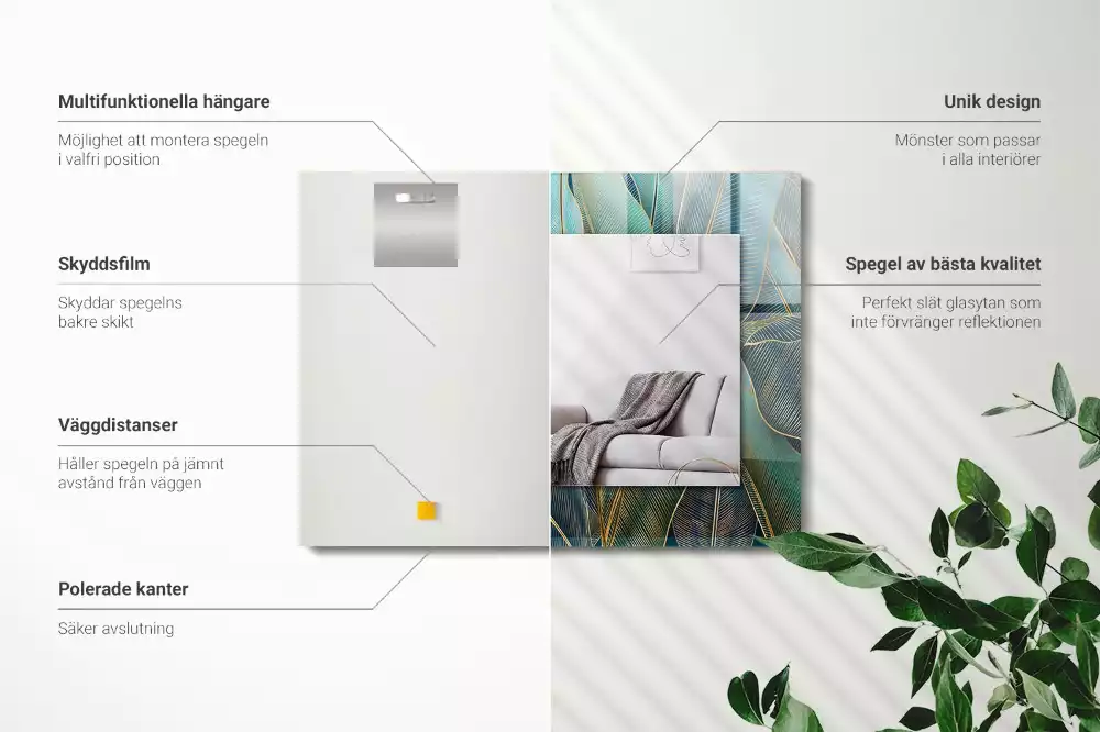 Rechthoekige spiegel lijst met print Bladeren lijnen