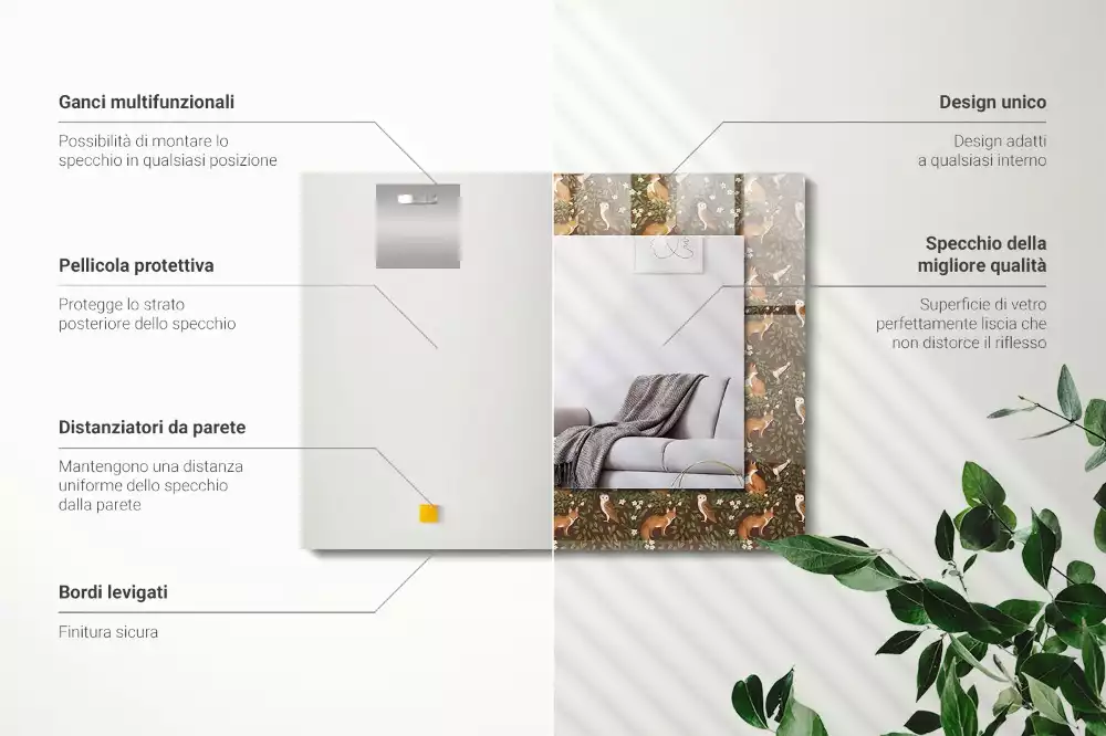 Rechthoekige spiegel met bedrukte lijst De vos en de uil
