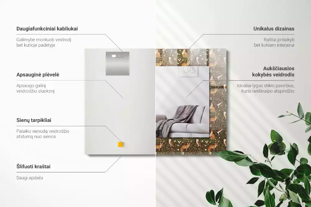 Rechthoekige spiegel met bedrukte lijst De vos en de uil