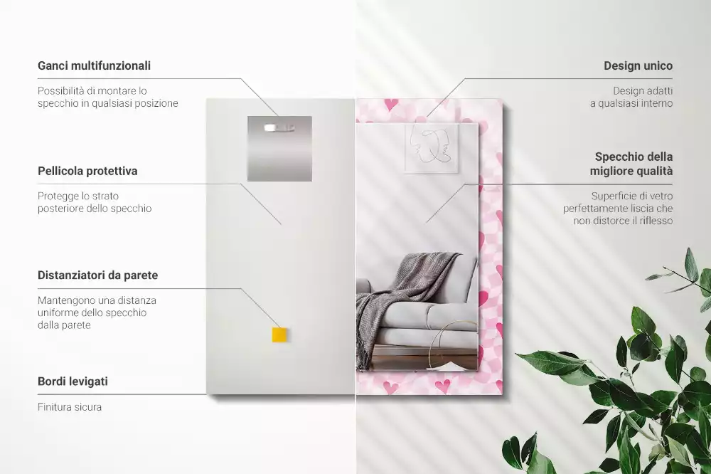 Bedrukte rechthoekige spiegel Roze harten