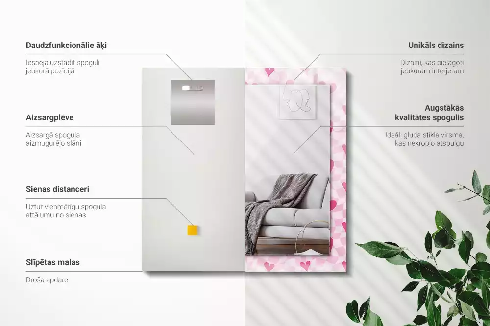 Bedrukte rechthoekige spiegel Roze harten