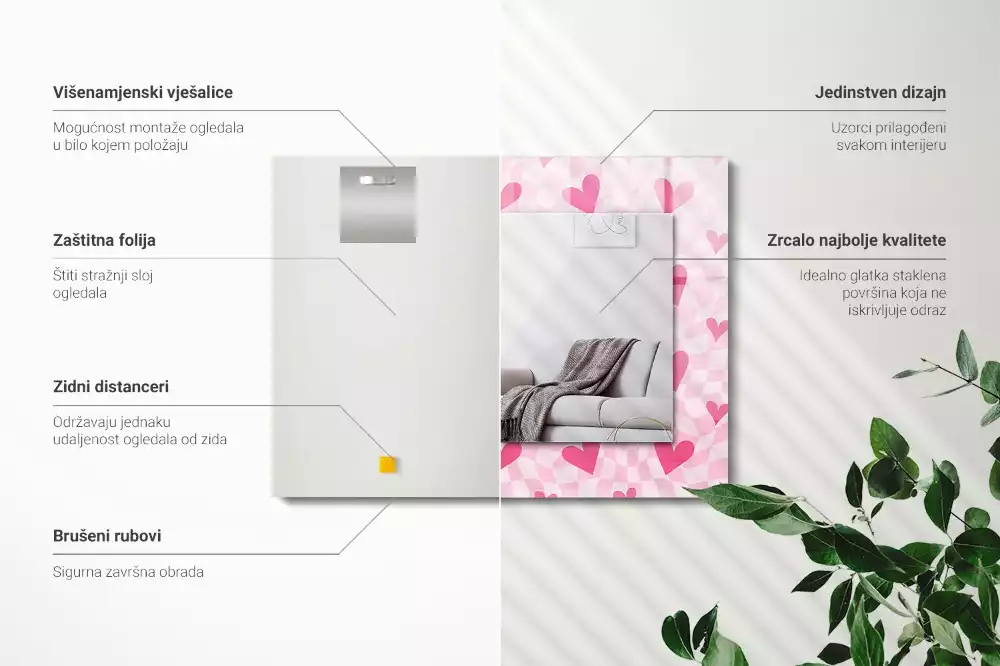 Bedrukte rechthoekige spiegel Roze harten