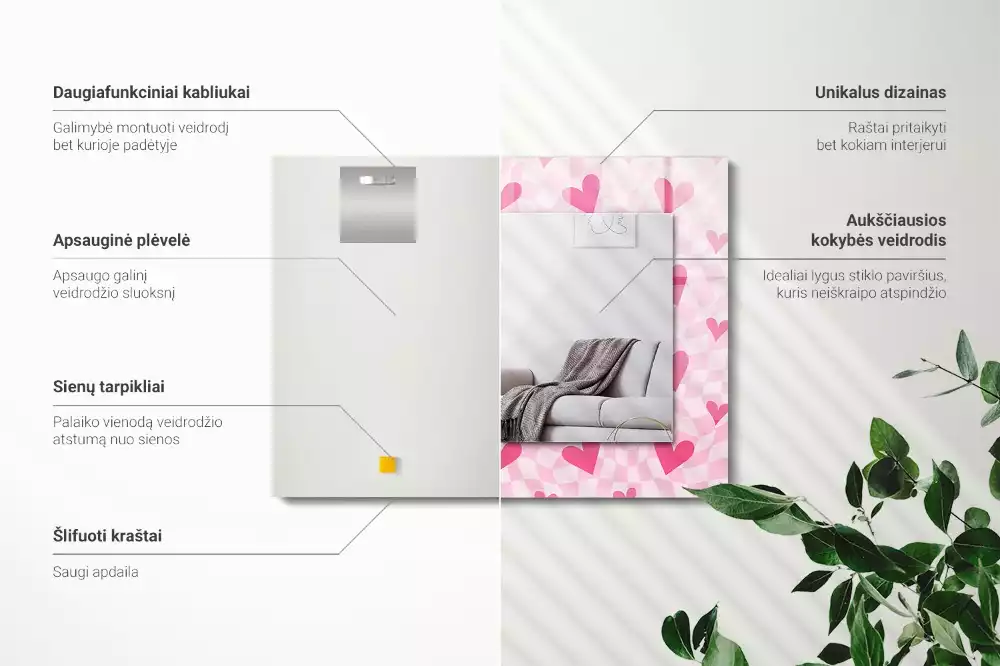 Bedrukte rechthoekige spiegel Roze harten