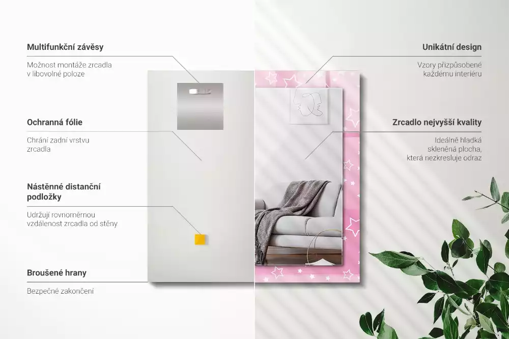 Rechthoekige spiegel met bedrukte lijst Roze sterren