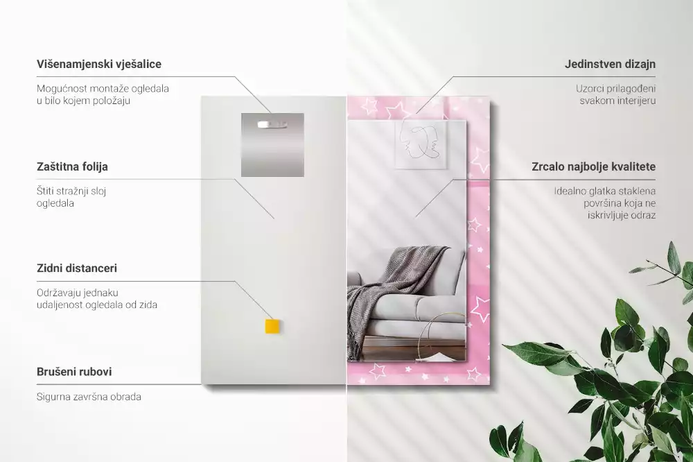 Rechthoekige spiegel met bedrukte lijst Roze sterren