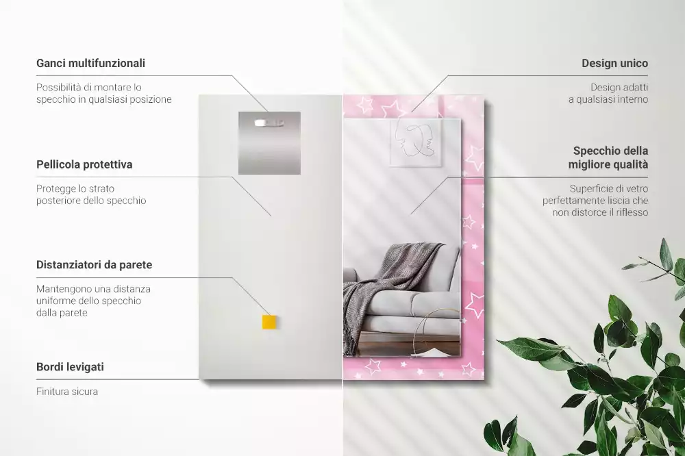 Rechthoekige spiegel met bedrukte lijst Roze sterren