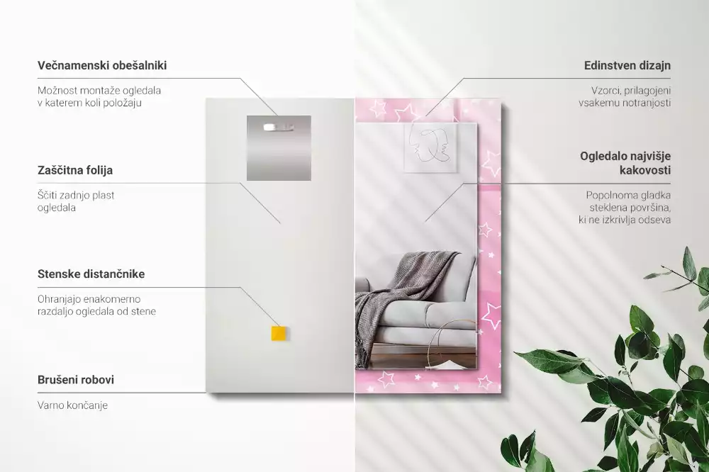 Rechthoekige spiegel met bedrukte lijst Roze sterren