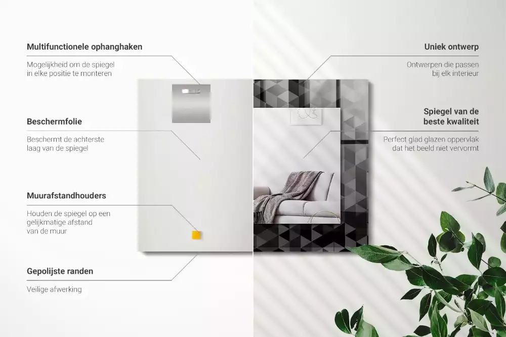 Bedrukte rechthoekige spiegel Zwarte en grijze driehoeken