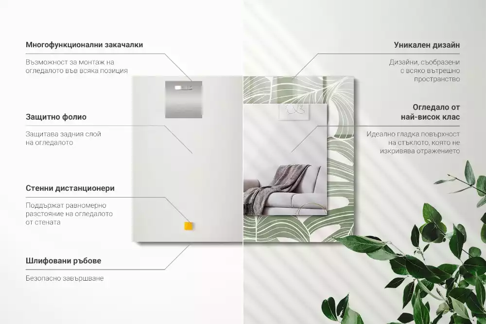 Rechthoekige spiegel met bedrukte lijst Monstera bladeren